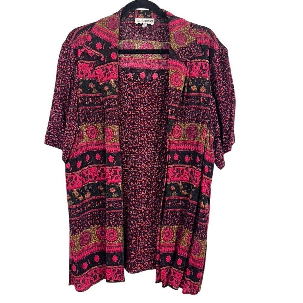 CM Shapes Top Red XL Striped Floral Boho Western Artsy Retro Feminine 80s Hippie